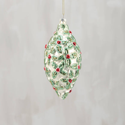 Holly Finial Glass Xmas Ornament