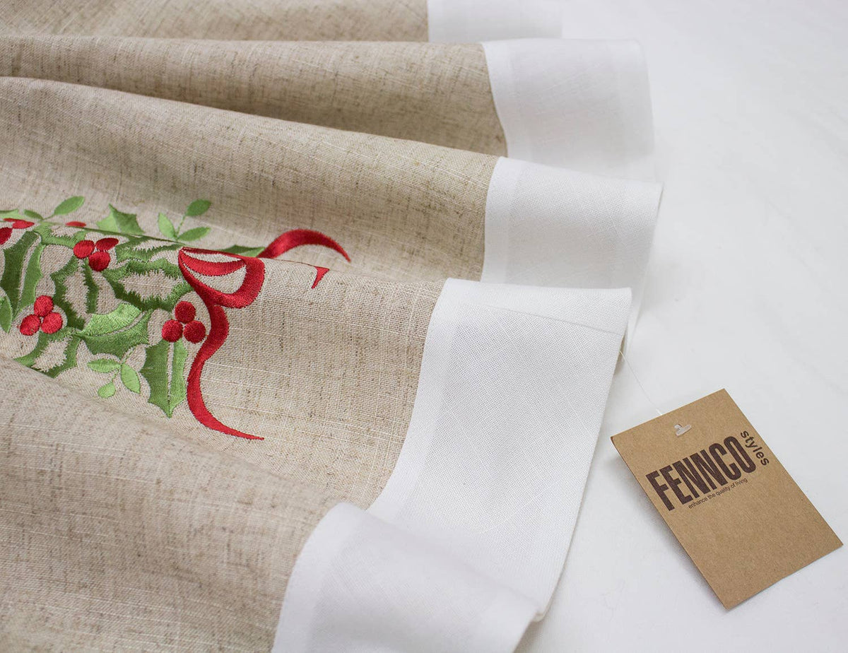 White & Natural Embroidered Holly 53" Christmas Tree Skirt