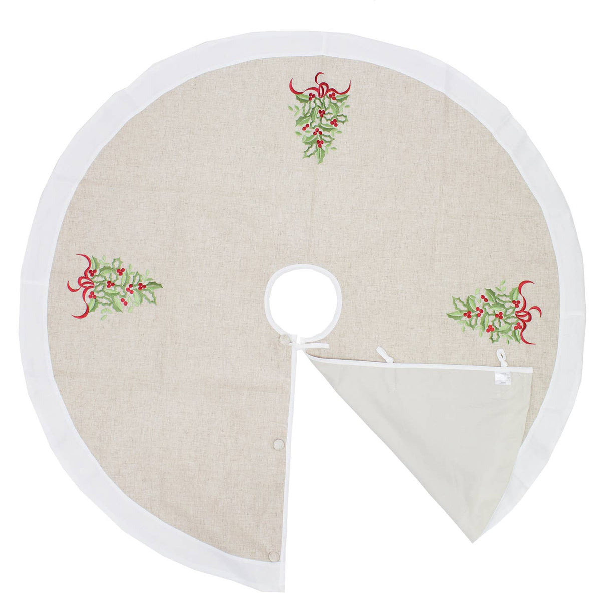 White & Natural Embroidered Holly 53" Christmas Tree Skirt
