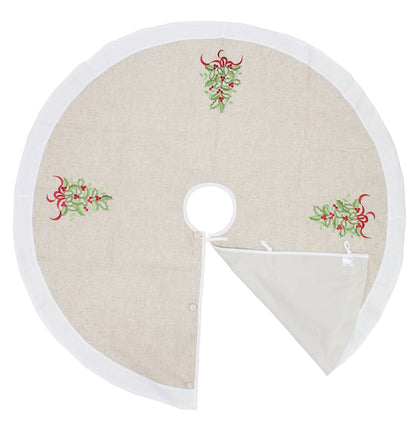 White & Natural Embroidered Holly 53" Christmas Tree Skirt