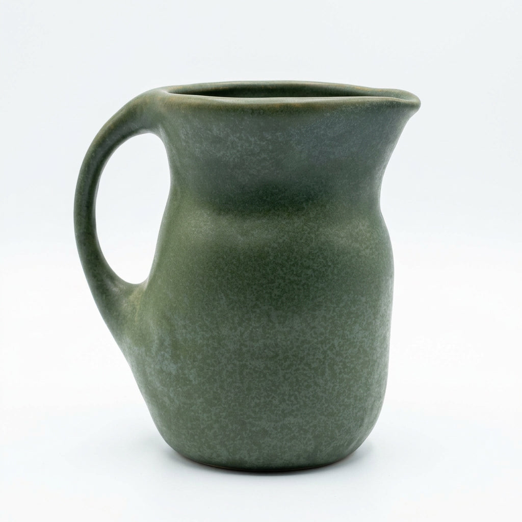 A dark green speckled stoneware pitcher with a handle and spout, sitting on a white marble countertop against a white subway tile backsplash.
