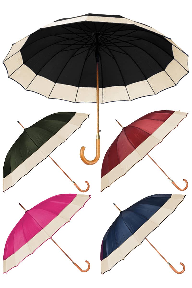 Extra Wide Stripe 16 Panel Wooden Handle Umbrella