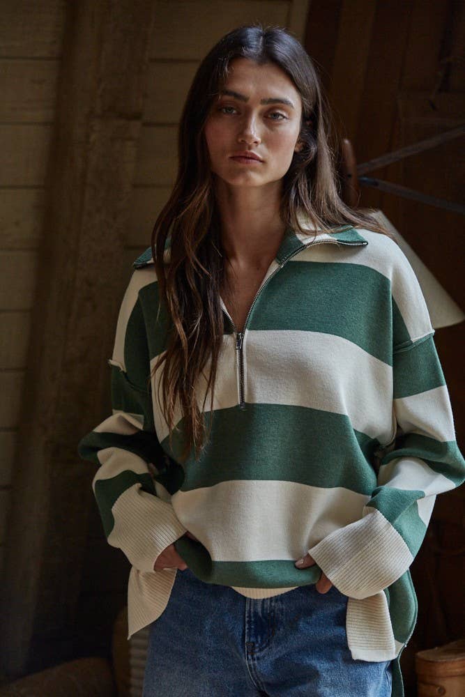Knit Striped Turtleneck Half Zip Up Top