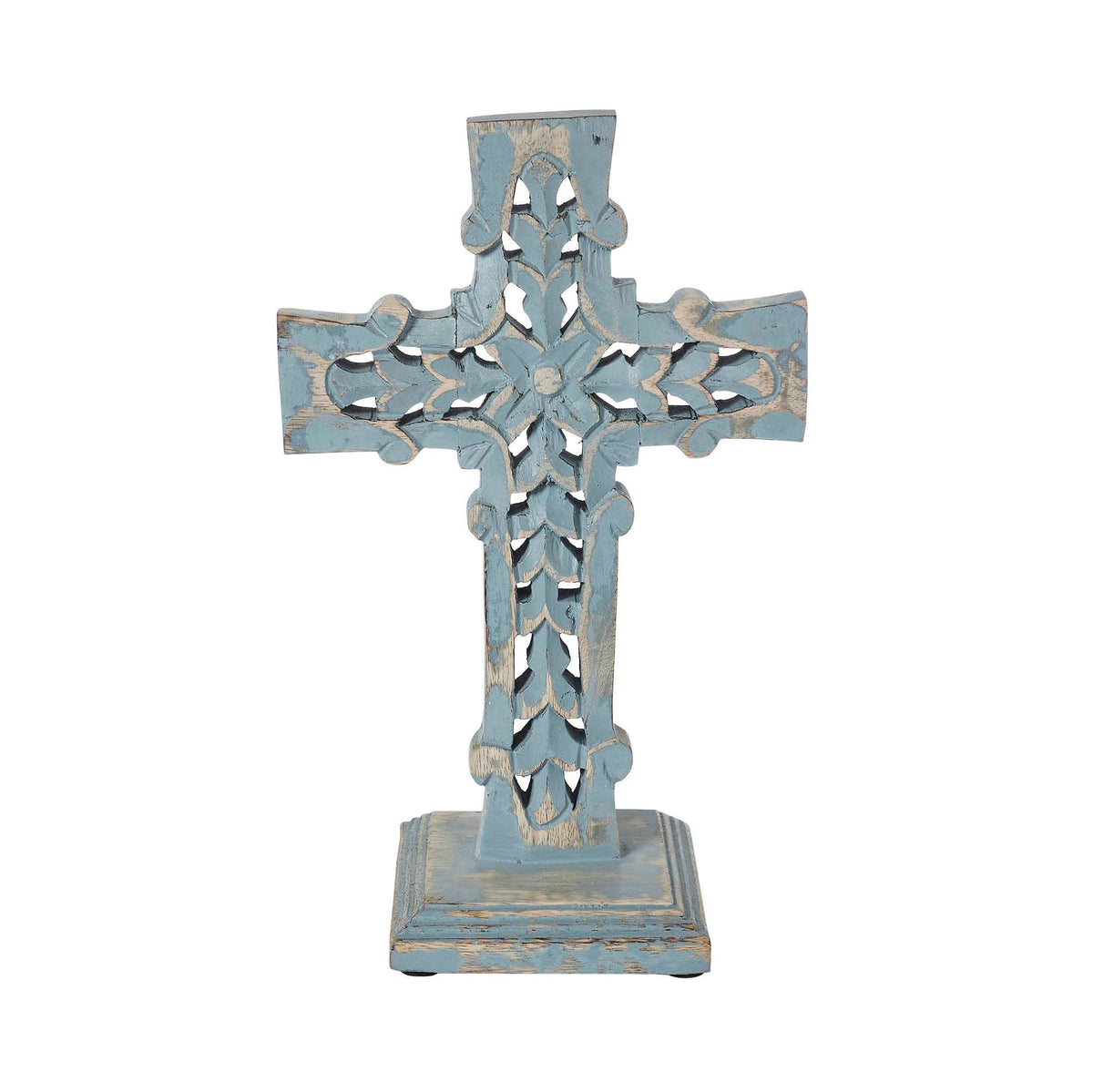 Distressed Blue Wooden Cross Farmhouse Decor 13 Inch