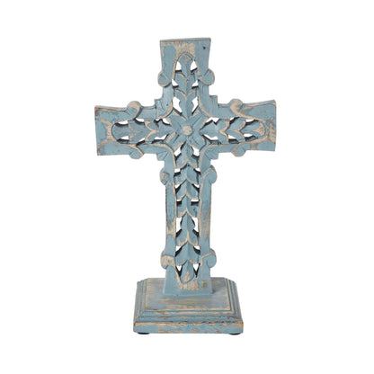 Distressed Blue Wooden Cross Farmhouse Decor 13 Inch