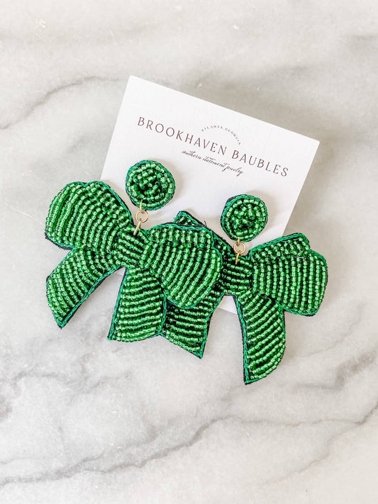 Green Christmas Bow Beaded Statement Earrings