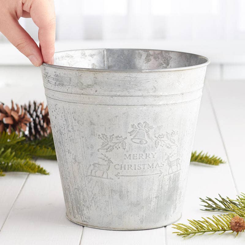 7" Weathered "Merry Christmas" Embossed Metal Bucket