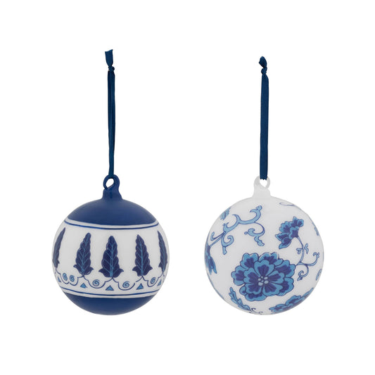 Promo Chinoiserie Peony/Feathers Glass Ball Ornament (Set of 2)