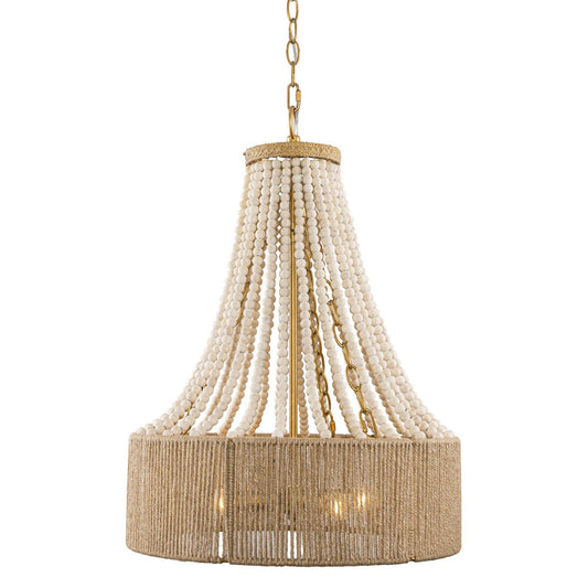 Farmhouse Chandelier 4-Light Golden Wood Bead Woven Shade