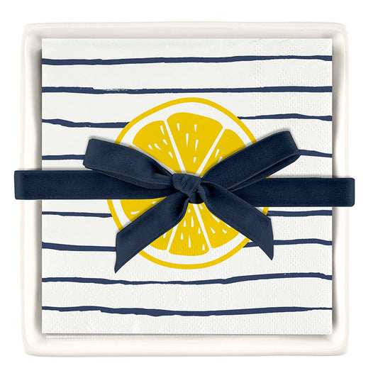 Ceramic Napkin Tray + Napkins - Striped Lemon