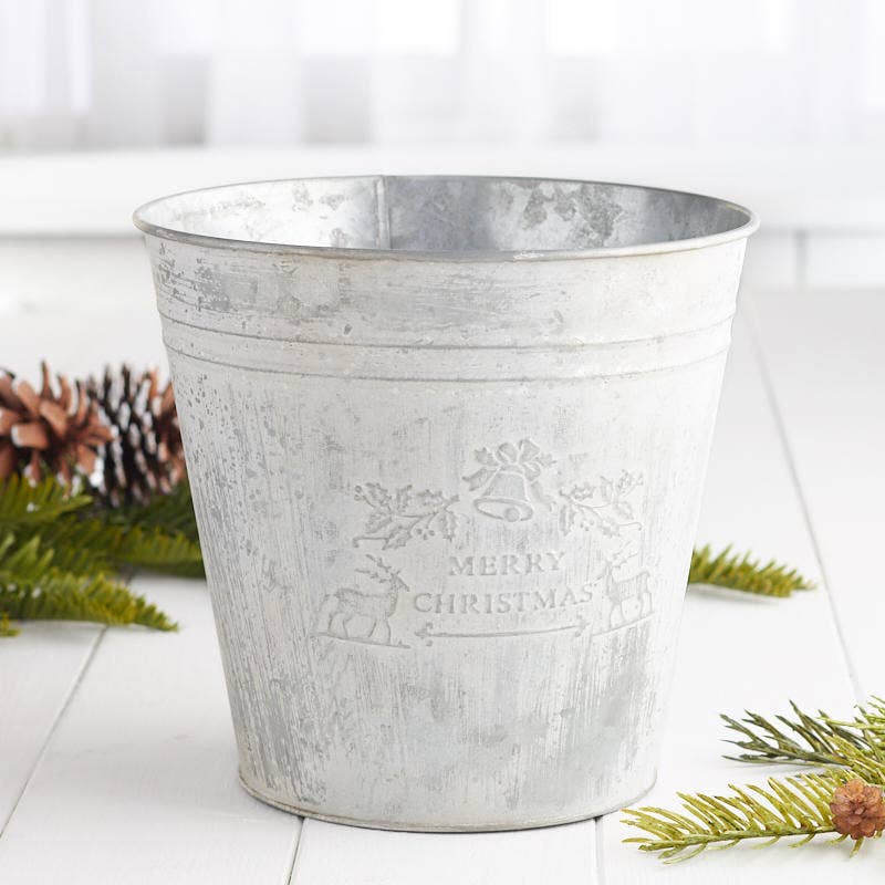 7" Weathered "Merry Christmas" Embossed Metal Bucket