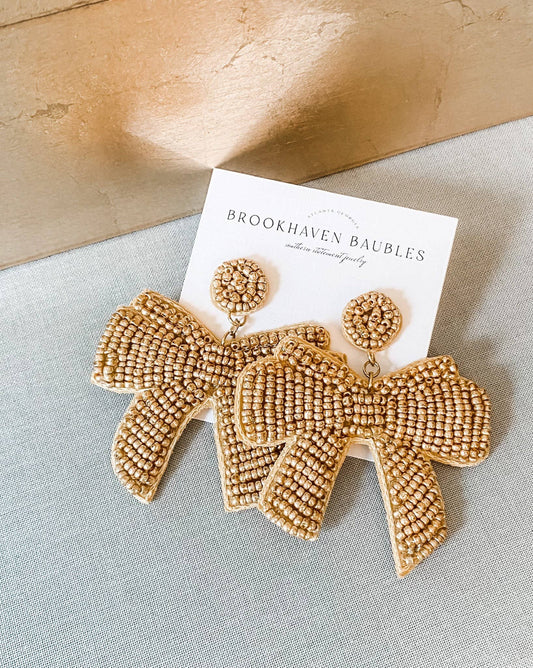 Gold Bow Beaded Statement Christmas Earrings