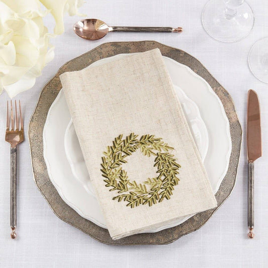 Embroidered Wreath Holiday Linen-Poly 20" Dinner Napkin