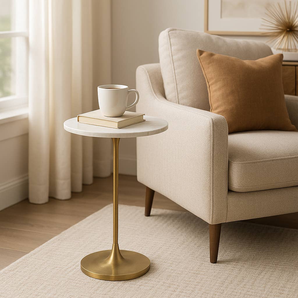 Side Table - Gold/White Marble Top Metal Round Base, 24 in.