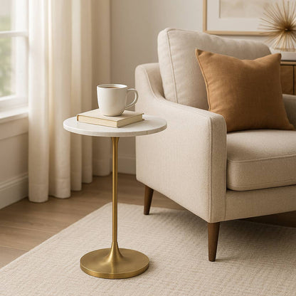 Side Table - Gold/White Marble Top Metal Round Base, 24 in.