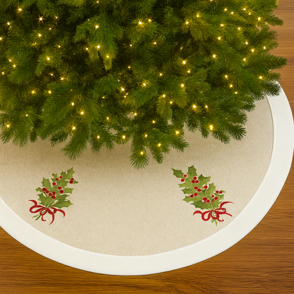 White & Natural Embroidered Holly 53" Christmas Tree Skirt