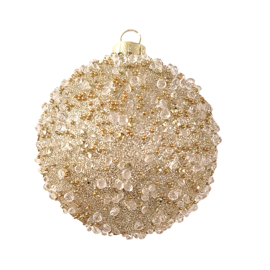 Glass Ball Ornament - Pale Gold with Beads 3in