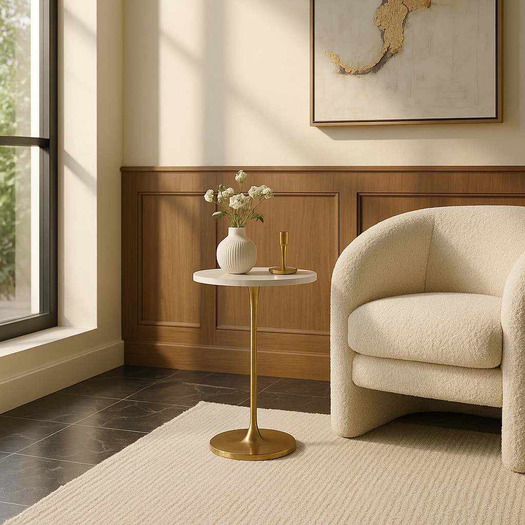 Side Table - Gold/White Marble Top Metal Round Base, 24 in.