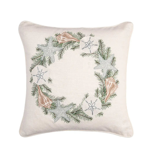 Christmas Shell Wreath Coastal Throw Pillow