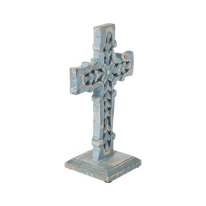 Distressed Blue Wooden Cross Farmhouse Decor 13 Inch
