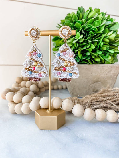 White Christmas Tree Beaded Statement Earrings